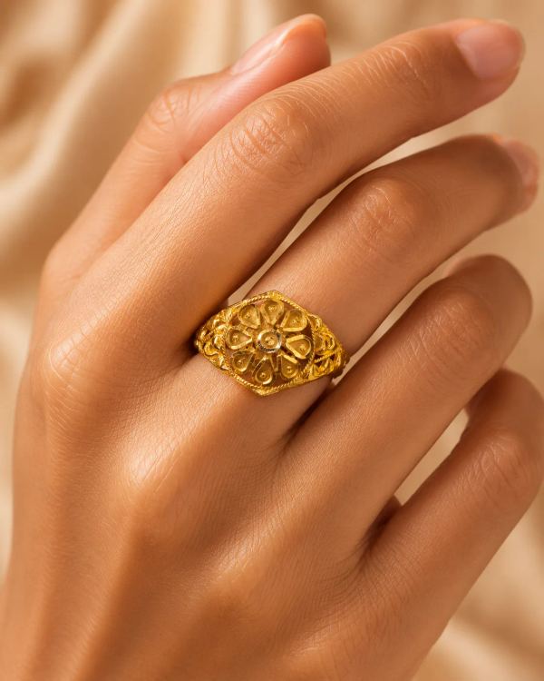 Filigree bloom ring, domed